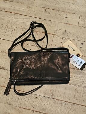 Margot Black Leather Fold-Over Crossbody